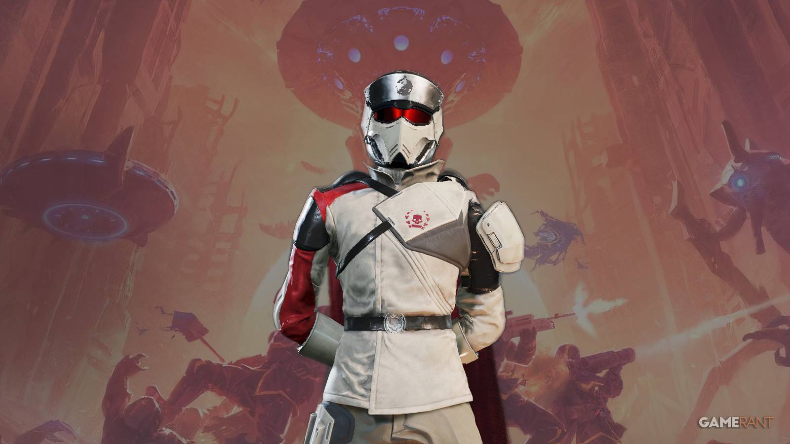 Helldivers 2 Heart of Democracy update background with Player in Truth Enforcer Warbond Inspector Body Armor Cape and Helmet At Ease Emote edit GAMERANT