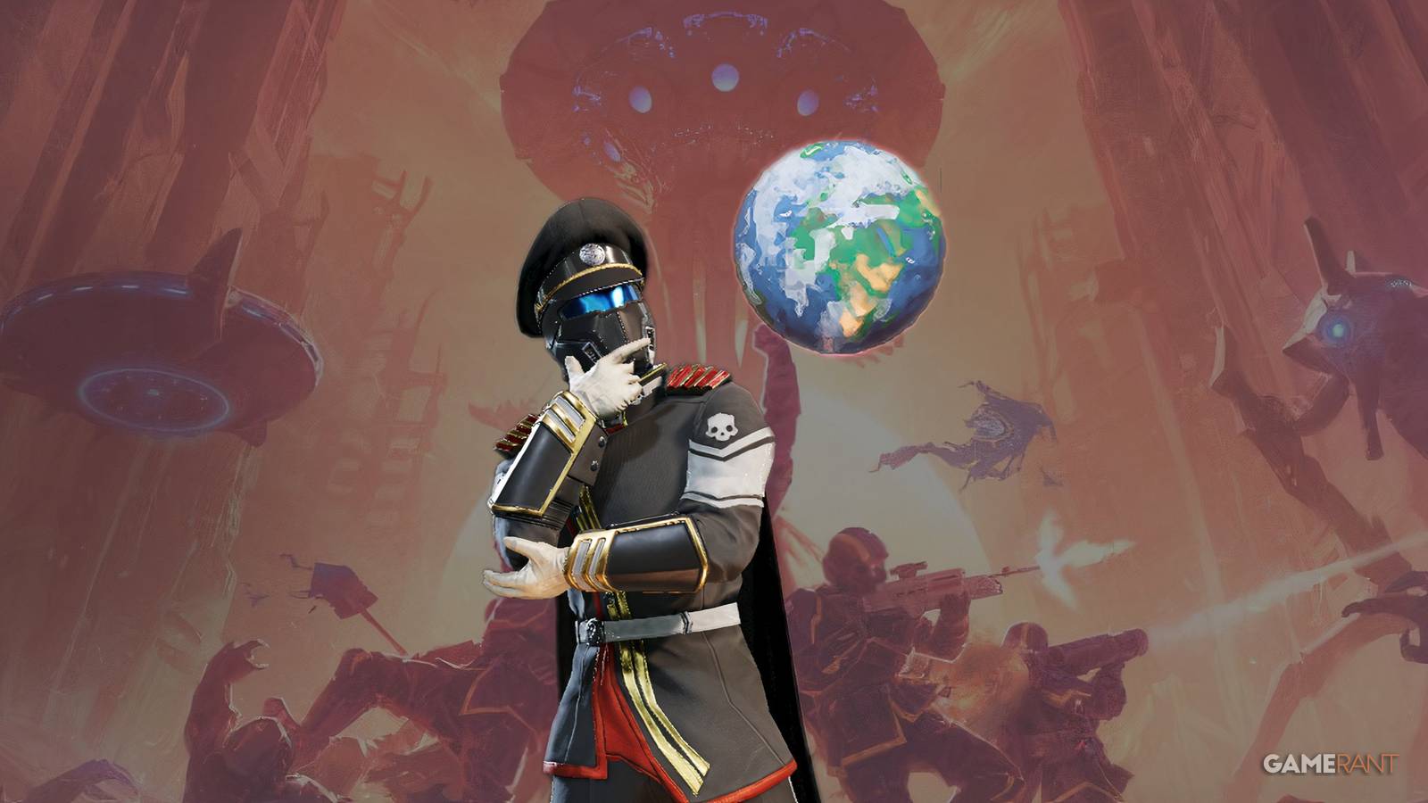Helldivers 2 Player in Masters of Ceremony Warbond Armor Deep Pondering Super Earth Illuminate Invasion Heart of Democracy Official Art background GAMERANT edit