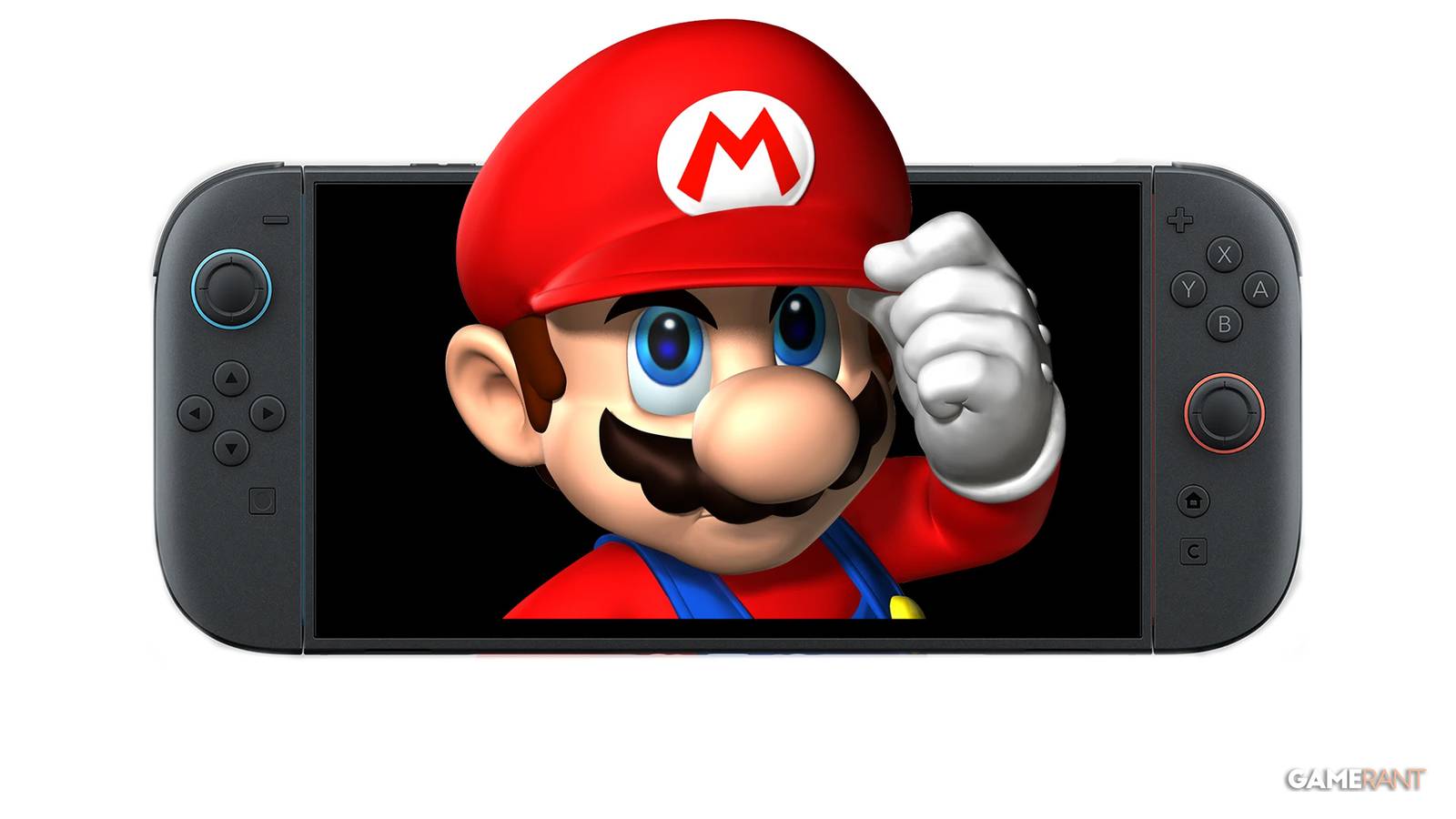 Mario adjusting hat while emerging from Nintendo Switch 2 on white background 2x1 composite
