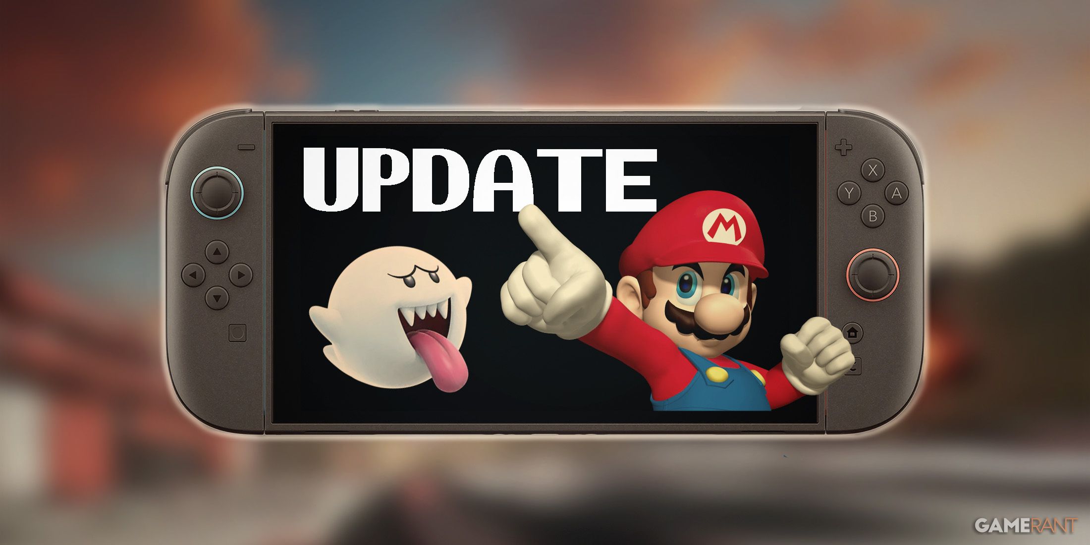 Mario and Boo emerging from Nintendo Switch 2 update screen 2x1 composite