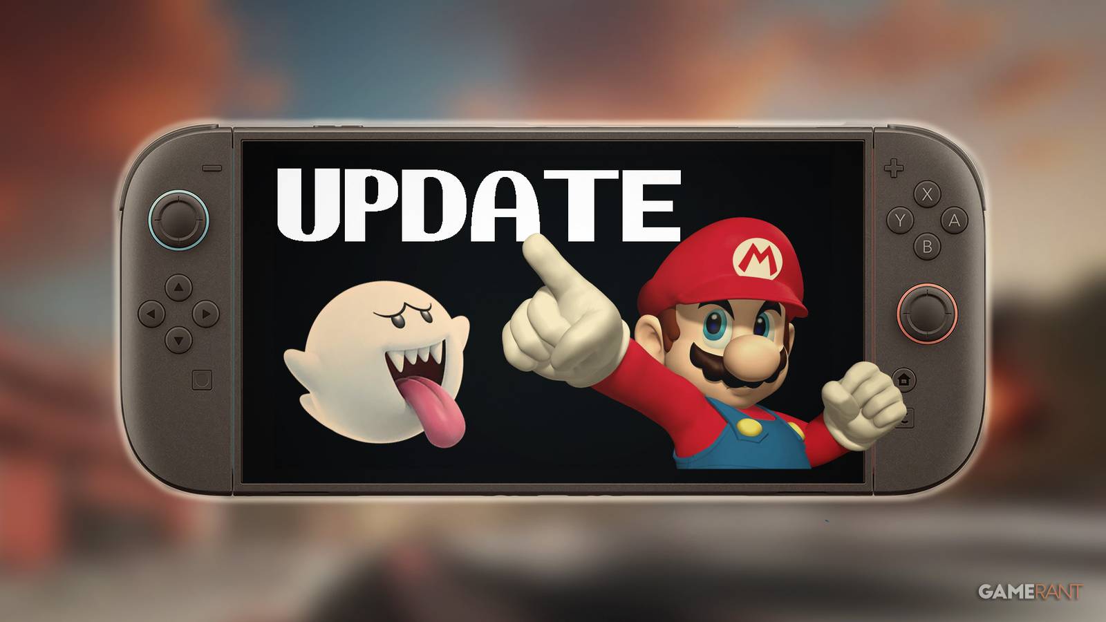 Mario and Boo emerging from Nintendo Switch 2 update screen 2x1 composite
