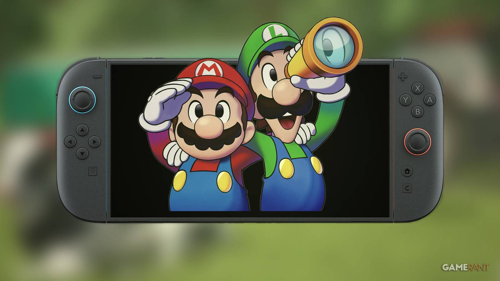 Mario and Luigi emerging from Nintendo Switch 2 in front of blurred Farming Simulator Signature Edition screenshot 2x1 composite