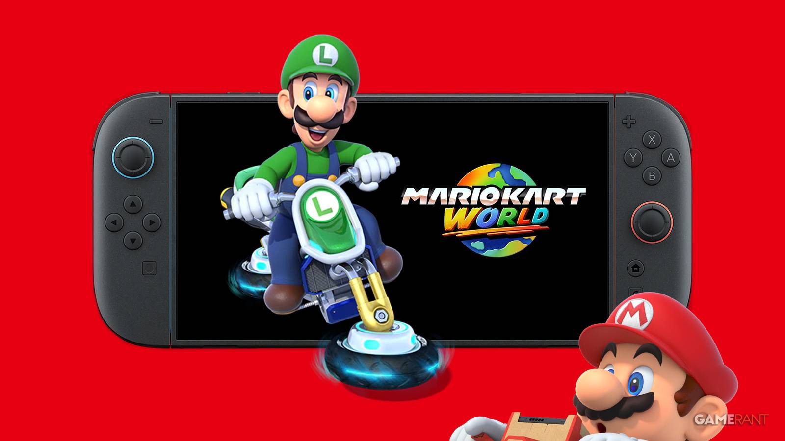 Mario Kart World Nintendo Switch 2 red background 2x1 composite image illustration