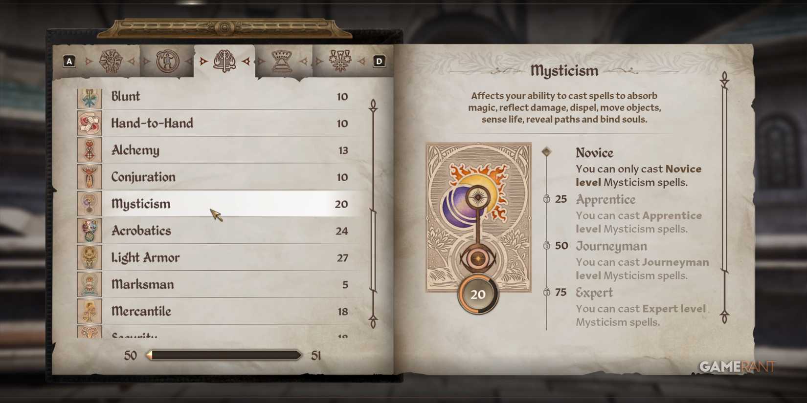 Mysticism UI shows its utility with detection and soul spells, marking it as one of the best School of Magics in Oblivion Remastered