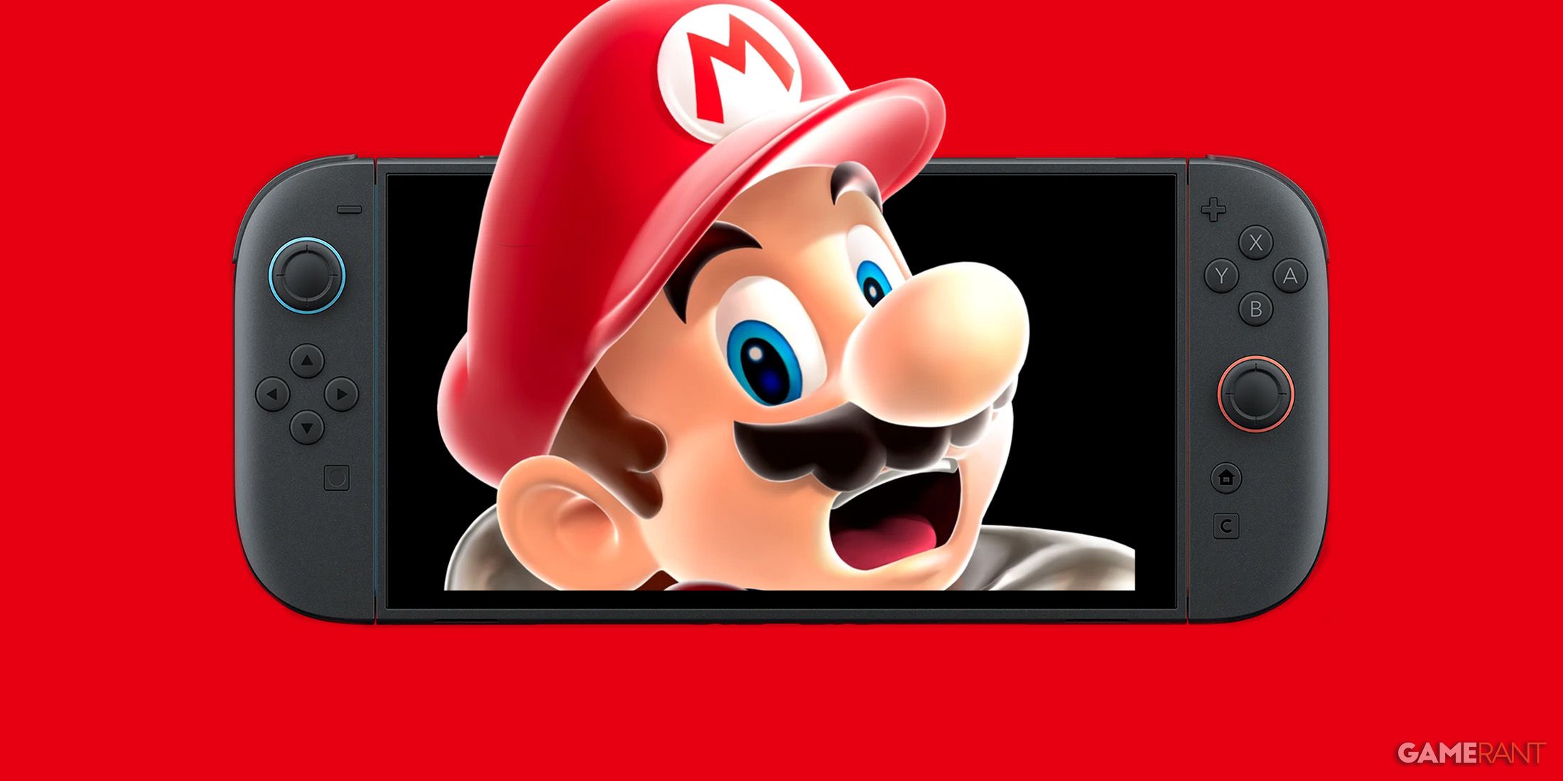 Nintendo Switch 2 displaying concerned-looking Mario on red background 2x1 composite