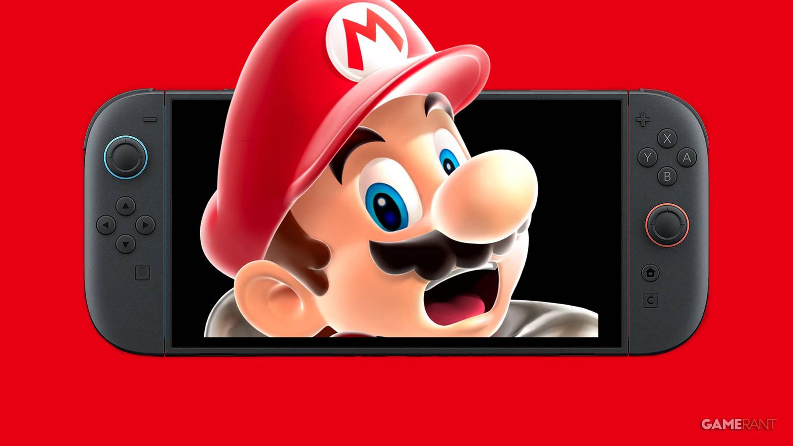 Nintendo Switch 2 displaying concerned-looking Mario on red background 2x1 composite