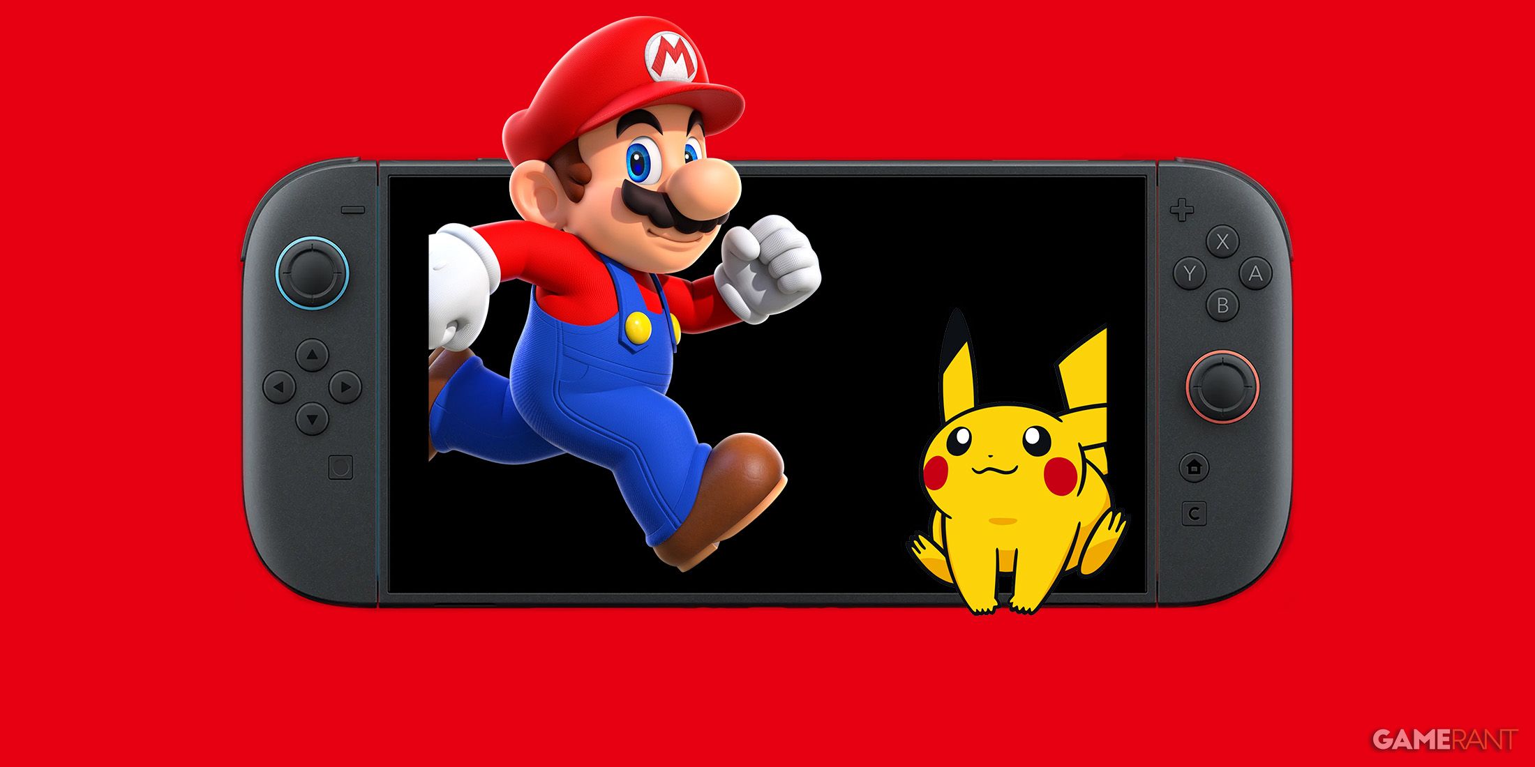 Nintendo Switch 2 displaying Mario running and Pikachu sitting on red background 2x1 composite
