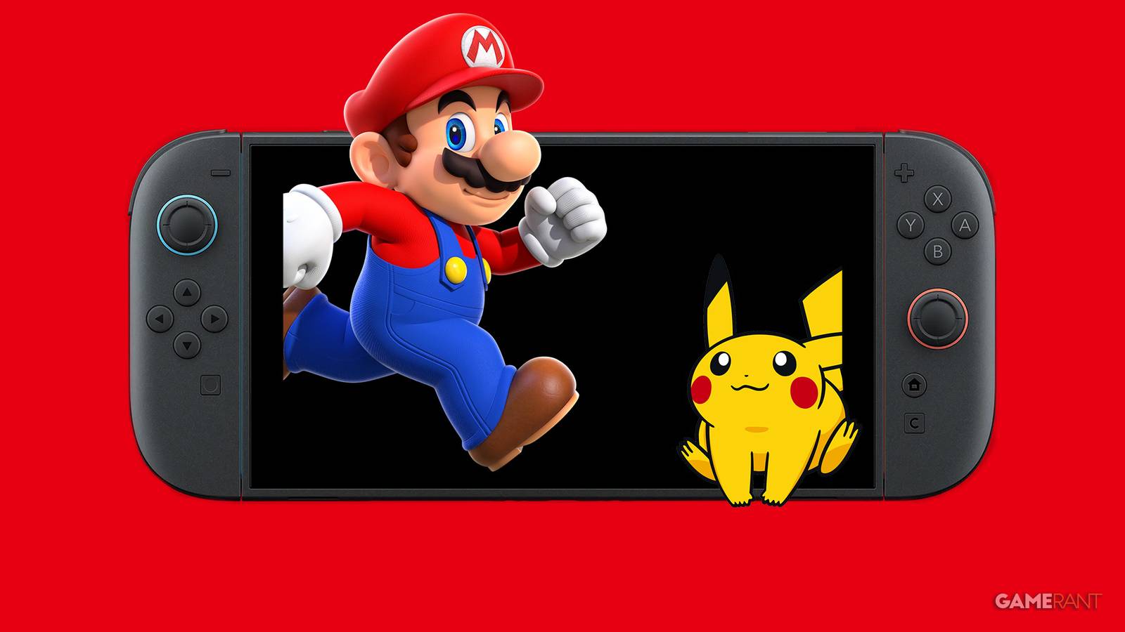 Nintendo Switch 2 displaying Mario running and Pikachu sitting on red background 2x1 composite
