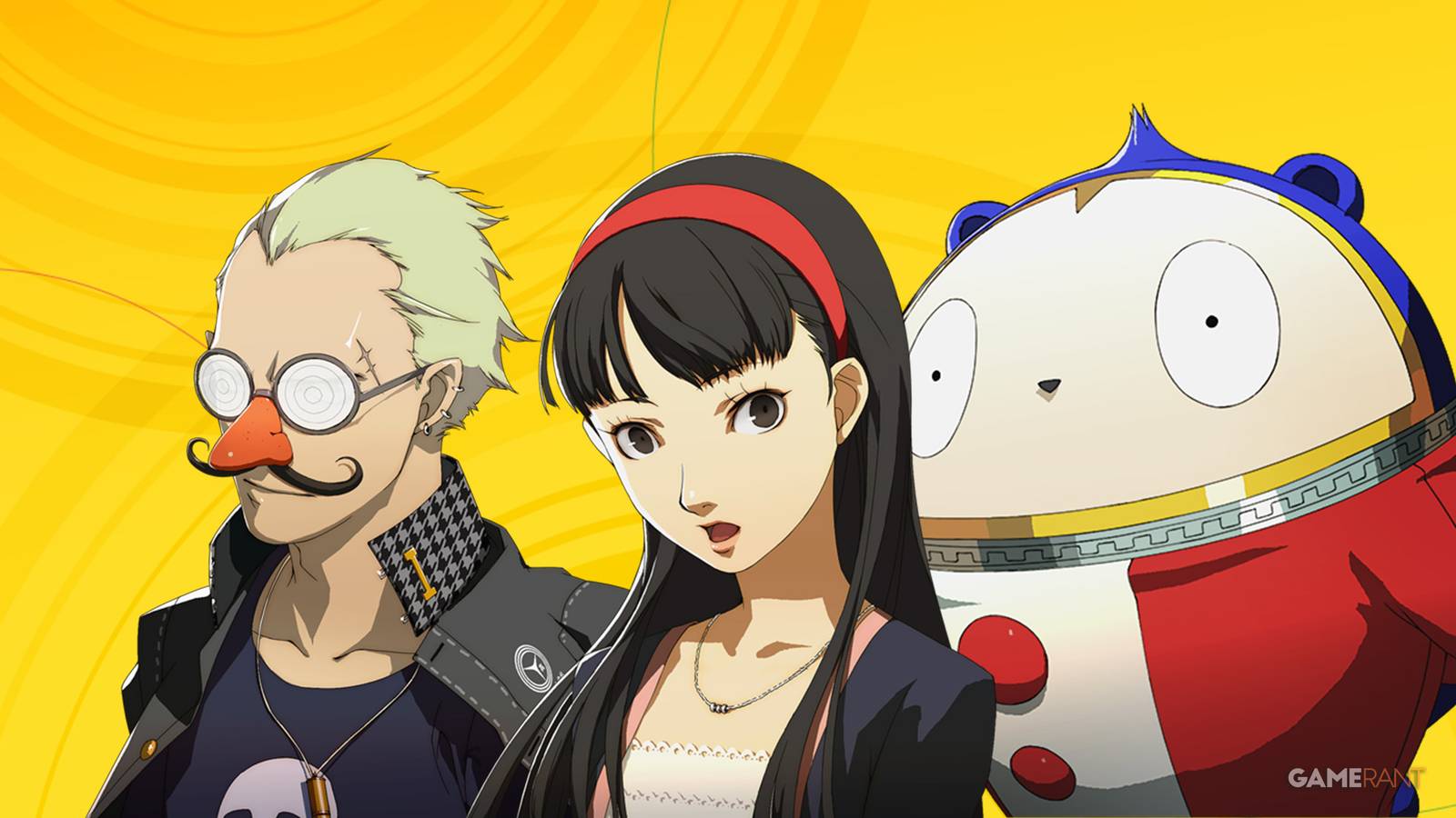Persona 4 Golden Kanji Yukiko Teddie portraits on yellow background 2x1 composite