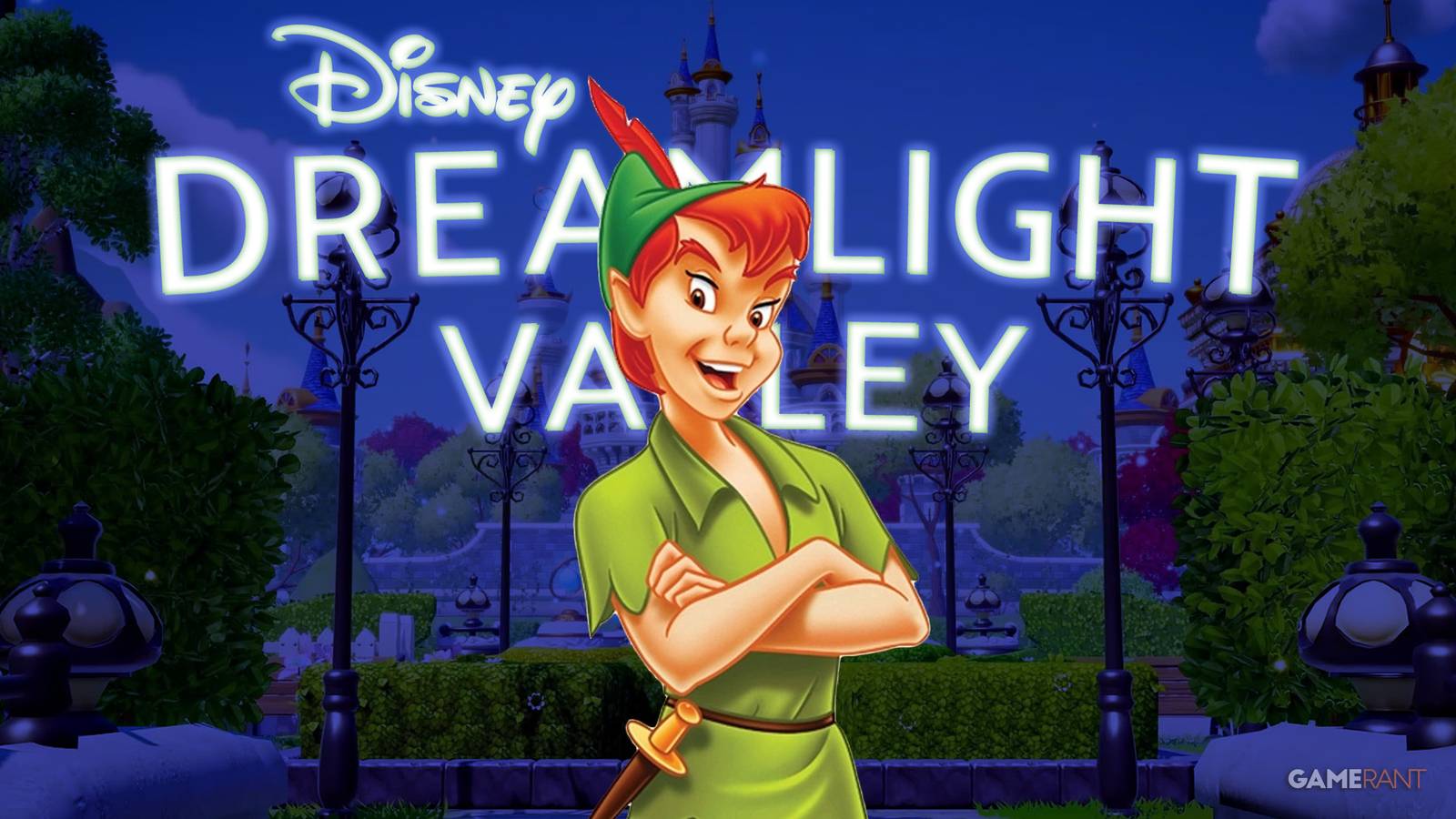Peter Pan with his hands crossed in front of glowing Disney Dreamlight Valley logo 2x1 composite