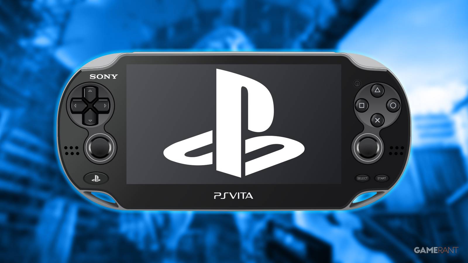 PS Vita displaying PlayStation logo emblem over blurred Freedom Wars screenshot