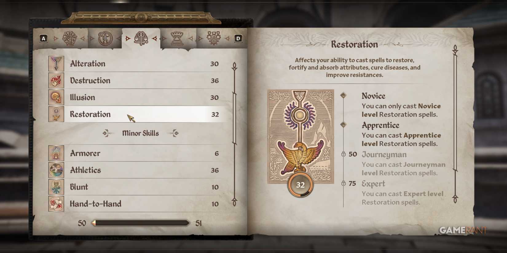 Restoration screen with golden bird icon, focusing on healing and support, part of the best School of Magics in Oblivion Remastered