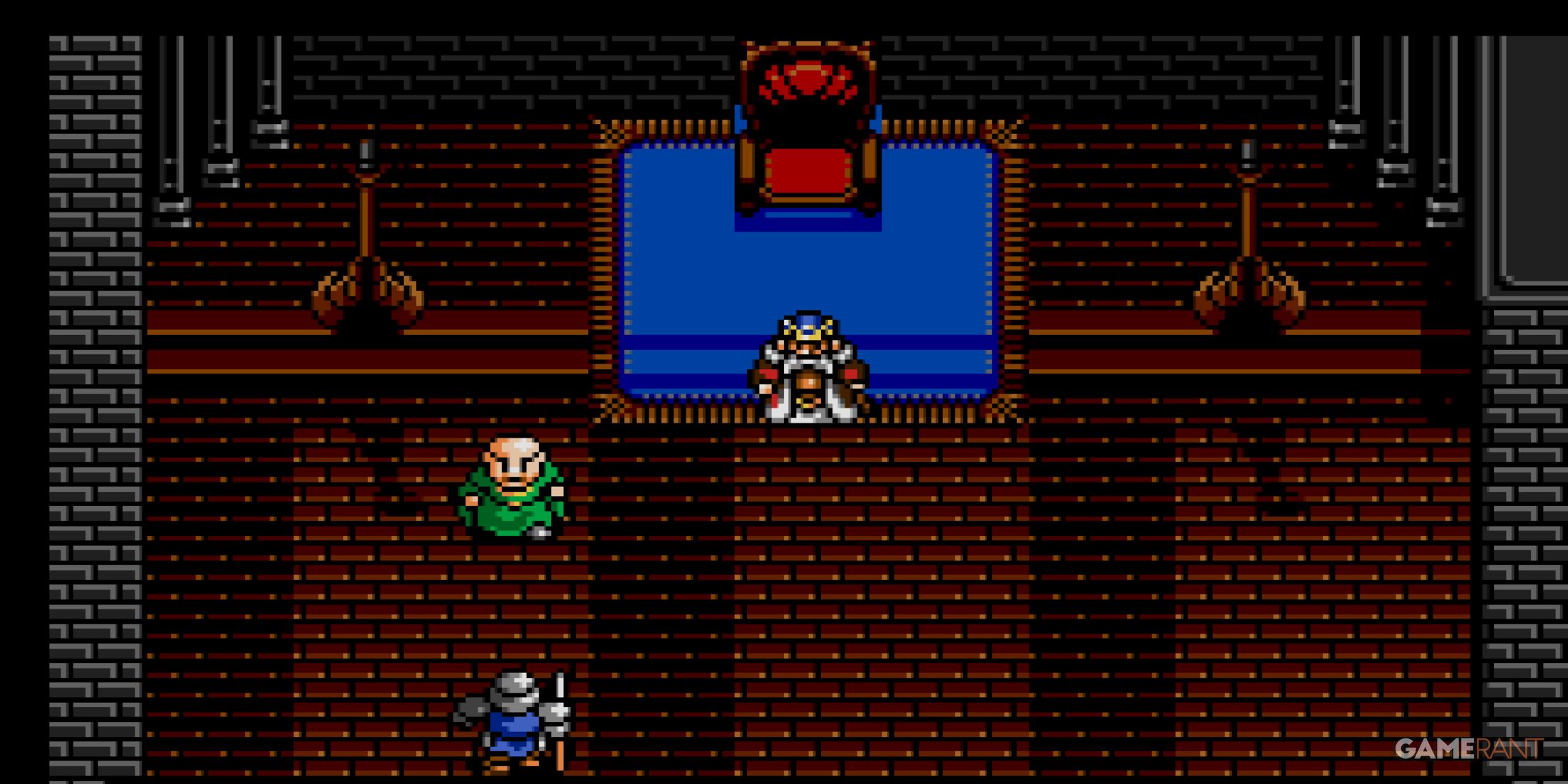 The king sits on his throne inside the castle surrounded by advisors in Shining Force 2