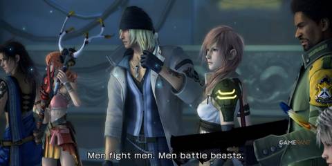 The main characters of Final Fantasy XIII gather, with Snow speaking in Orphan's Cradle