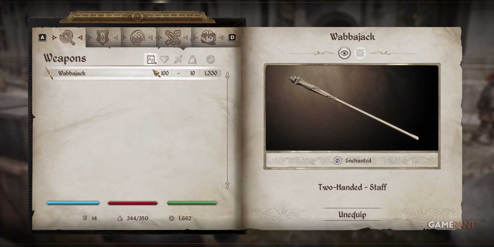 The Wabbajack staff, a unique Daedric Artifact in Oblivion Remastered, appears in the inventory