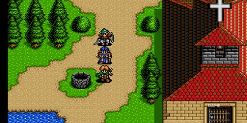 Three party members explore a village path near a well and church building in Shining Force 2