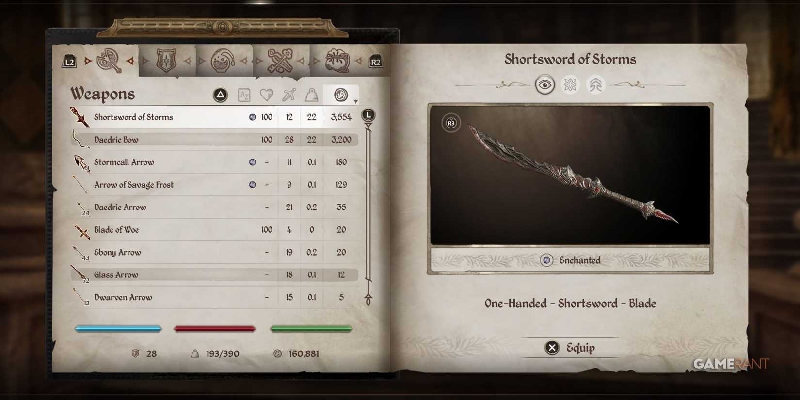 Shortsword of Storms in Oblivion Remastered