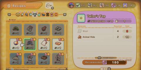 Tailor's Top recipe in Fantasy Life I: The Girl Who Steals Time