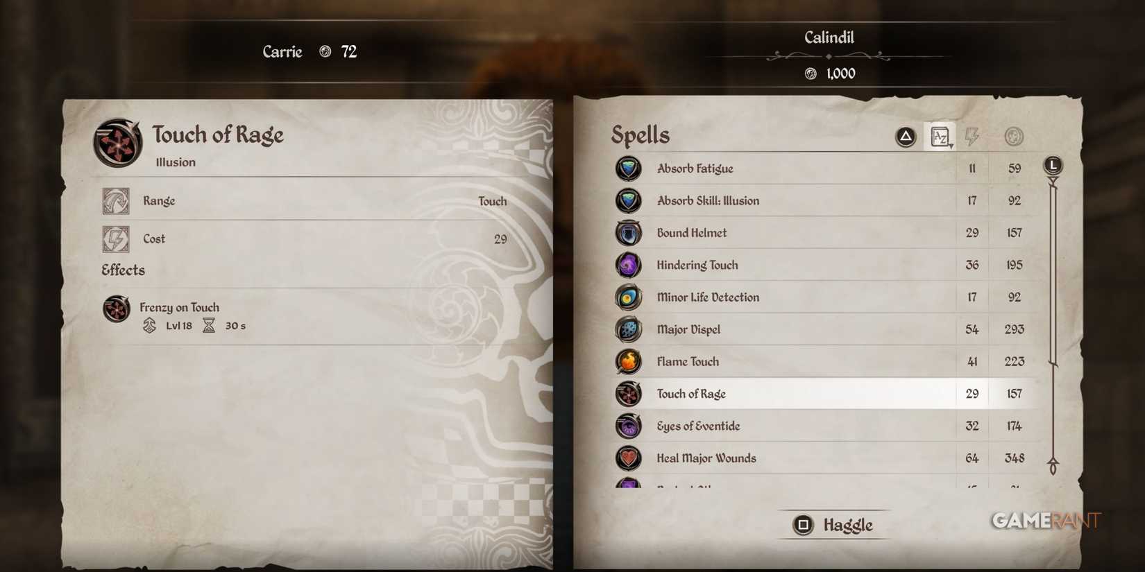 Touch of Rage spell in Oblivion Remastered