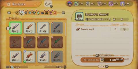 Squire's Sword recipe in Fantasy Life I: The Girl Who Steals Time