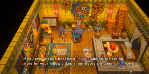 Talking to Cuna the Paladin Master in Fantasy Life I: The Girl Who Steals Time