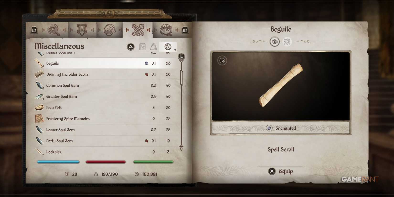 A Beguile Spell Scroll in Oblivion Remastered