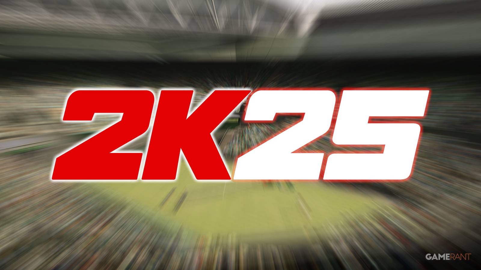 2K25 logo glowing over motion-blurred TopSpin 2K25 promo gameplay screenshot Wimbledon Centre Court