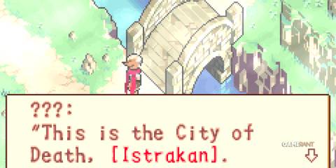 A mysterious character stands by a stone bridge declaring Istrakan the City of Death in Boktai The Sun Is in Your Hand