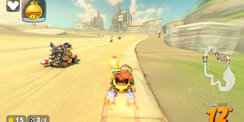 Baby Peach boosts past rivals with a golden mushroom, climbing positions through sandbagging in Mario Kart World