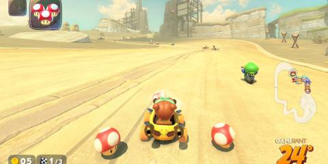 Baby Peach holds triple mushrooms in last place, starting a sandbagging strategy in Mario Kart World