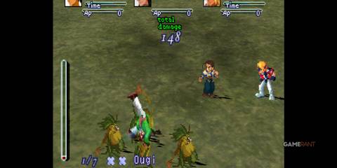 Citan, Fei, and Bart face off against monsters in the Xenogears battle system, showing total damage of 148