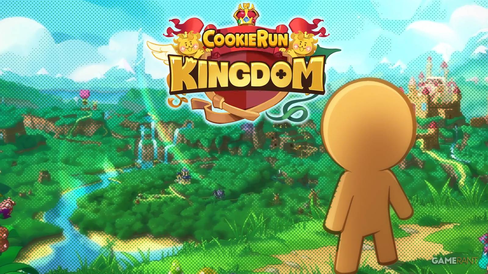 Cookie Run Kingdom key art dot halftone effect edit with game logo 2x1 composite