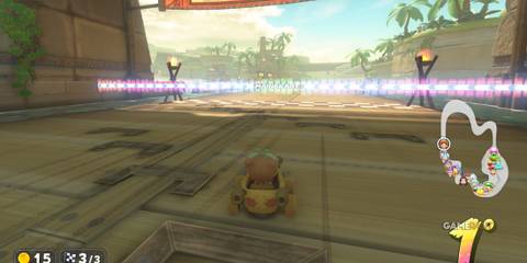 Crossing the finish line in 1st, Baby Peach completes a successful sandbagging run in Mario Kart World