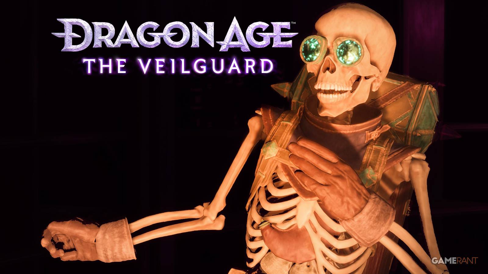 Dragon Age The Veilguard Manfred next to game logo purple background 2x1 composite