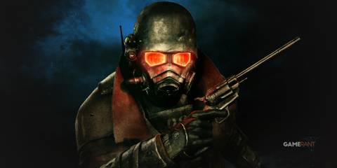 Fallout New Vegas ranger blue background glowing red eyes 2x1 composite
