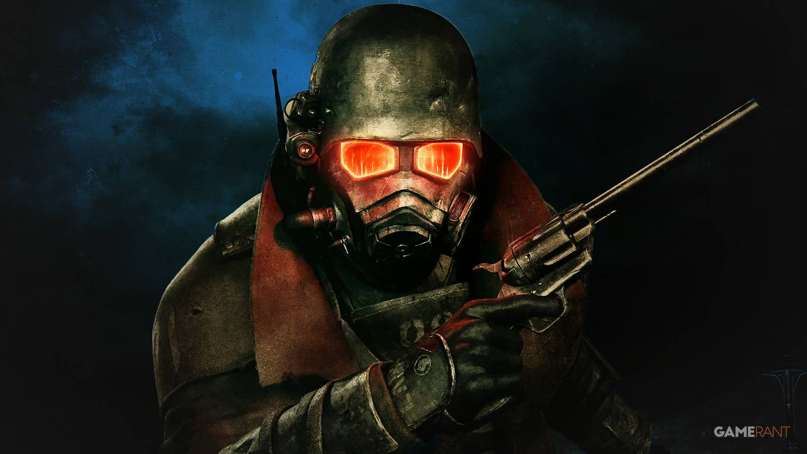 Fallout New Vegas ranger blue background glowing red eyes 2x1 composite