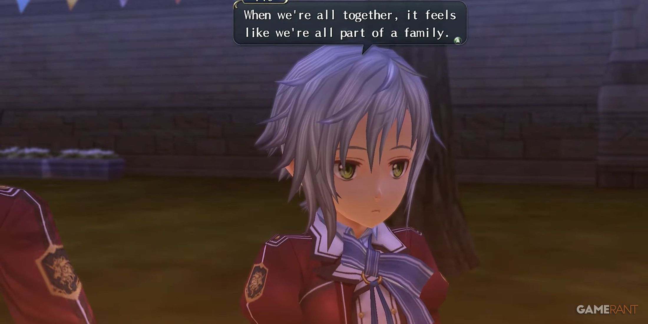 Fie Claussell reflects on friendship at night, saying the group feels like family in Trails of Cold Steel.