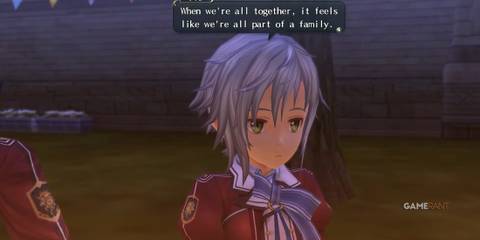 Fie Claussell reflects on friendship at night, saying the group feels like family in Trails of Cold Steel.