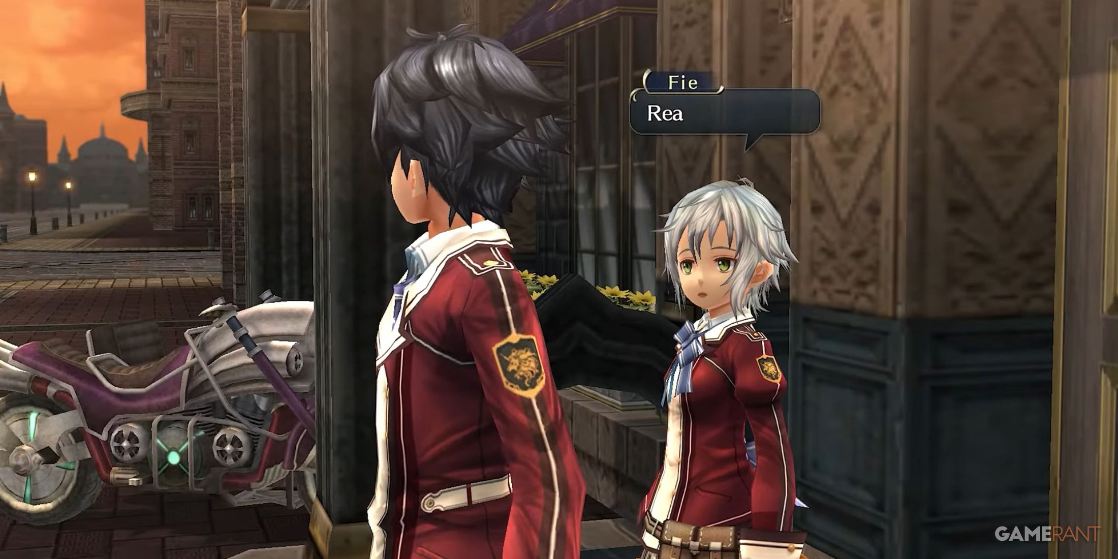 Fie Claussell stands beside Rean near a motorcycle in Trails of Cold Steel, during a quiet moment in the city