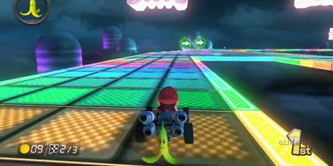 Gliding through Mario Kart 8’s SNES Rainbow Road, one of the franchise’s best, with sharp curves and neon tiles