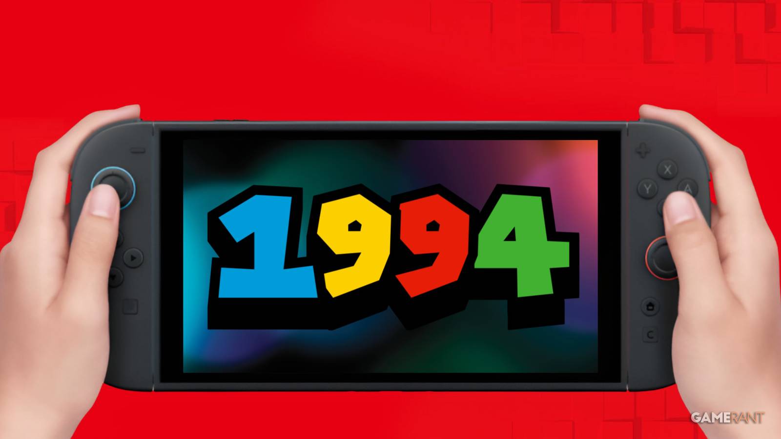hands holding nintendo switch 2 with 1994 in mario font