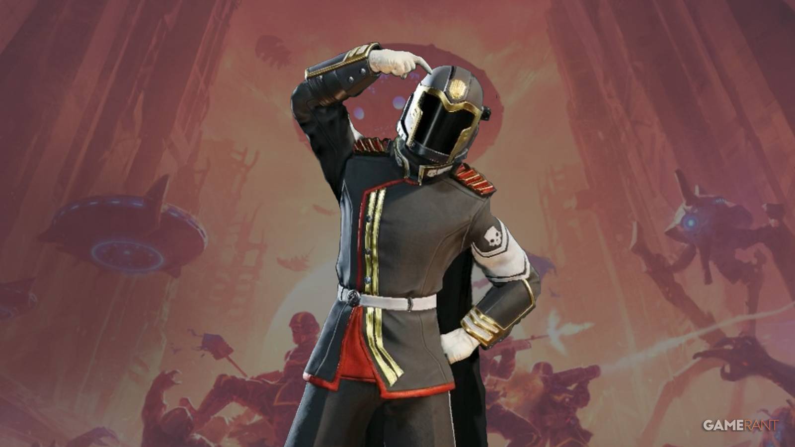 Helldivers 2 Super Earth Illuminate Invasion Heart of Democracy Update Official Art Background with Player Head Scratch Victory Pose edit GAMERANT