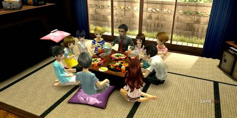 Investigation Team and Dojima gather around table, sharing sushi and juice at a warm farewell party in Persona 4 Golden
