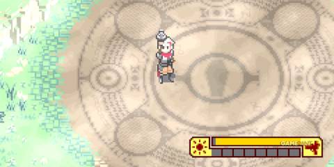 Main character stands on a large circular seal with arcane markings in Boktai The Sun Is in Your Hand