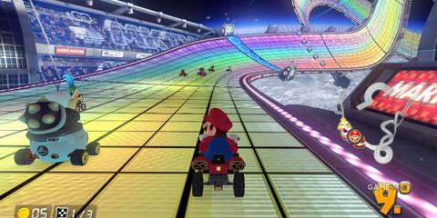 Mario Kart 8’s Rainbow Road takes players through anti-gravity loops and a stadium of neon brilliance in space