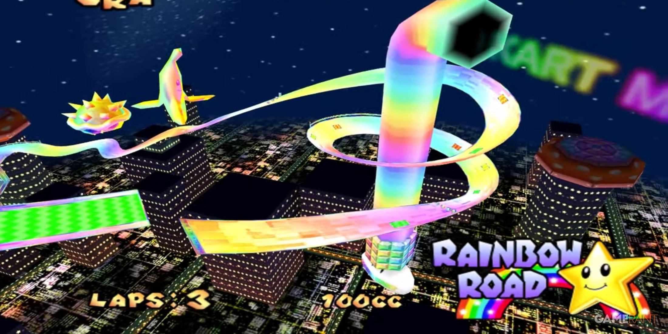 Mario Kart Double Dash!! features one of the best Rainbow Roads, with massive drops and a glowing city backdrop