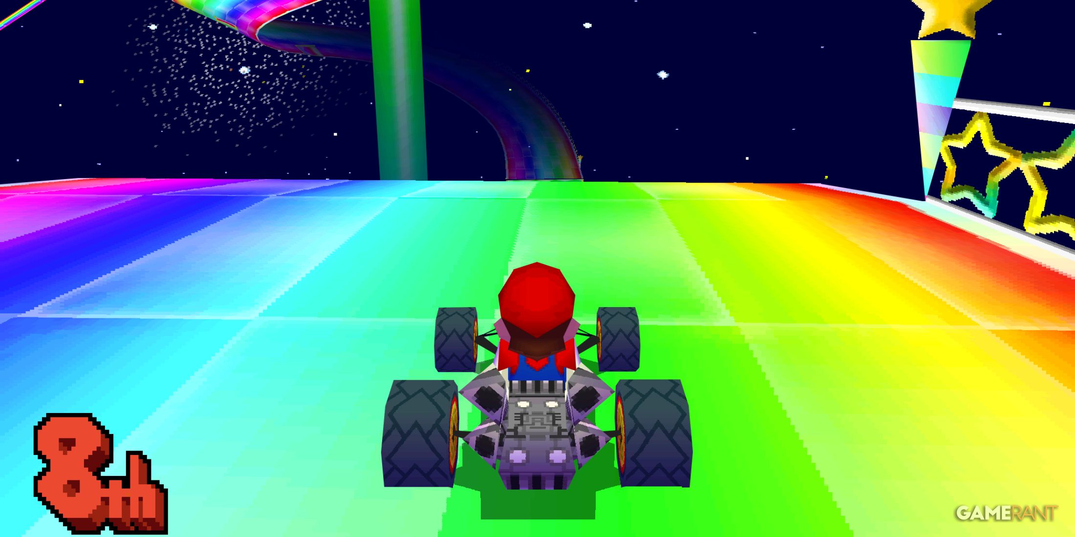 Mario Kart DS features one of the best Rainbow Roads, with loops, jumps, and vibrant neon panels in space