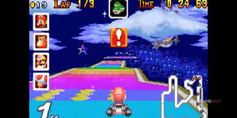 Mario Kart Super Circuit’s Rainbow Road dazzles with sharp turns, pixel skies, and floating platforms