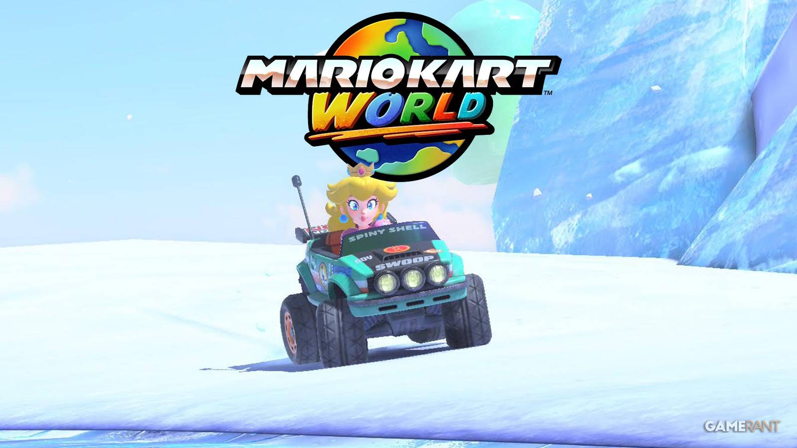 Mario Kart World logo behind Princess Peach driving teal car