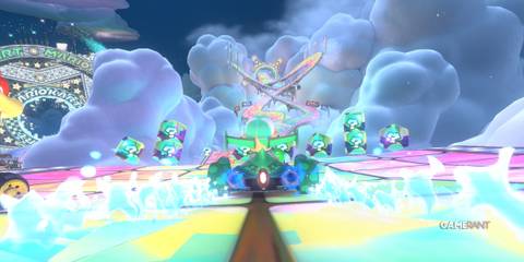 Mario Kart World’s Rainbow Road dazzles with glowing clouds and a winding path full of boost panels and star gates